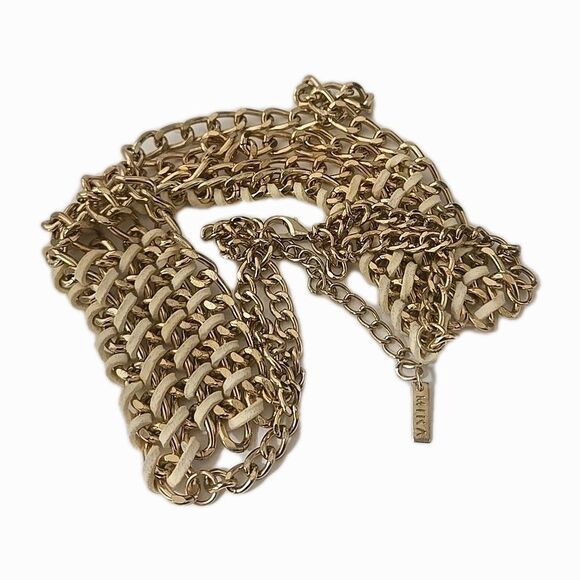 Mika Gold-tone & Leather Multi-layered Gold-tone Chain Statement Necklace 18-21" - Picture 7 of 8